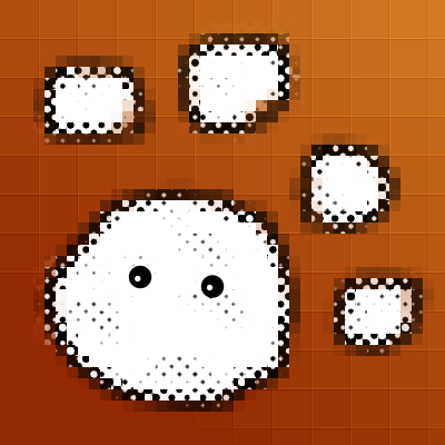 the catchy web logo. there is a gradient red to orange background. like a sunrise. in the foreground a blob like figure in black and white with two tiny eyes is present. also four unknkown, blob like think floating above the figure
